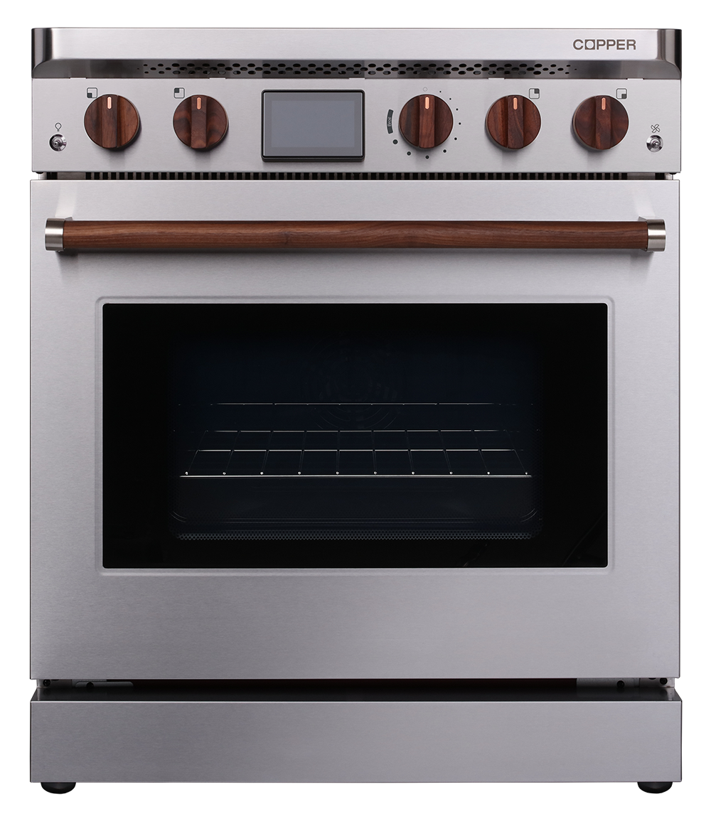 Battery-powered, 120v compatible stainless steel Charlie stove by Copper with black walnut knobs and oven handle. 